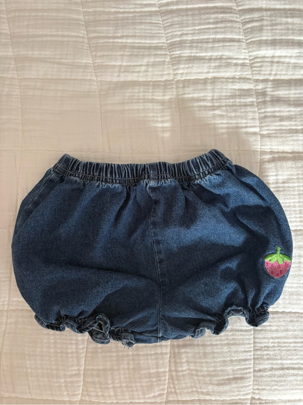 Denim Bubble Shorts with Strawberry Embroidery